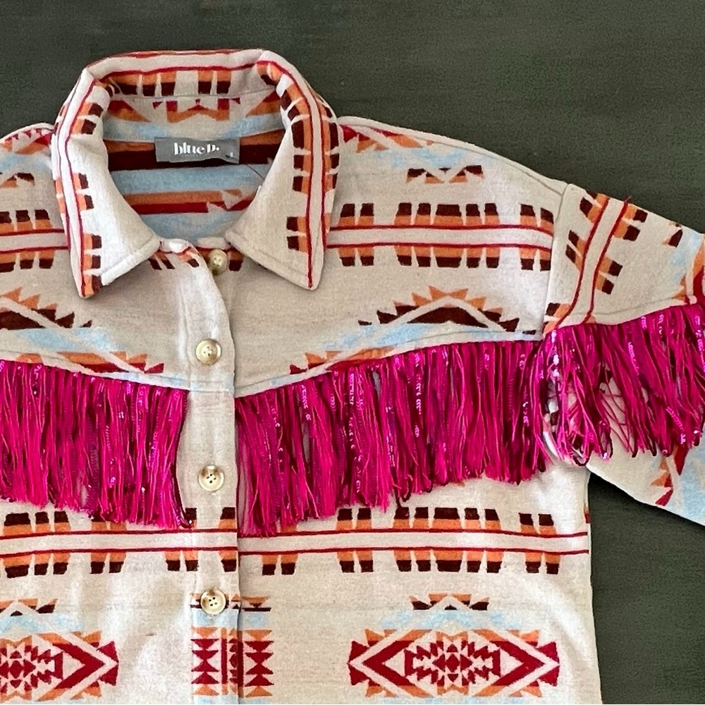 New blue b Tan Blue Orange Hot Pink Fringe Aztec Print Western Jacket Shacket - Picture 4 of 5